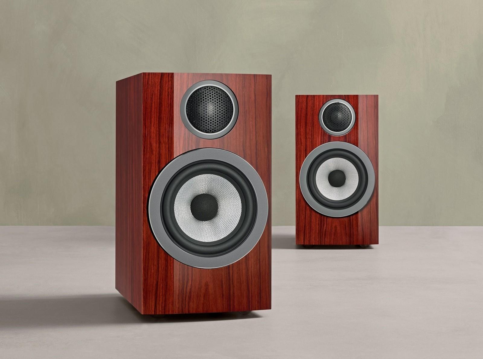 Pair of Bowers & Wilkins 707 Prestige Edition bookshelf speakers in Santos Gloss finish