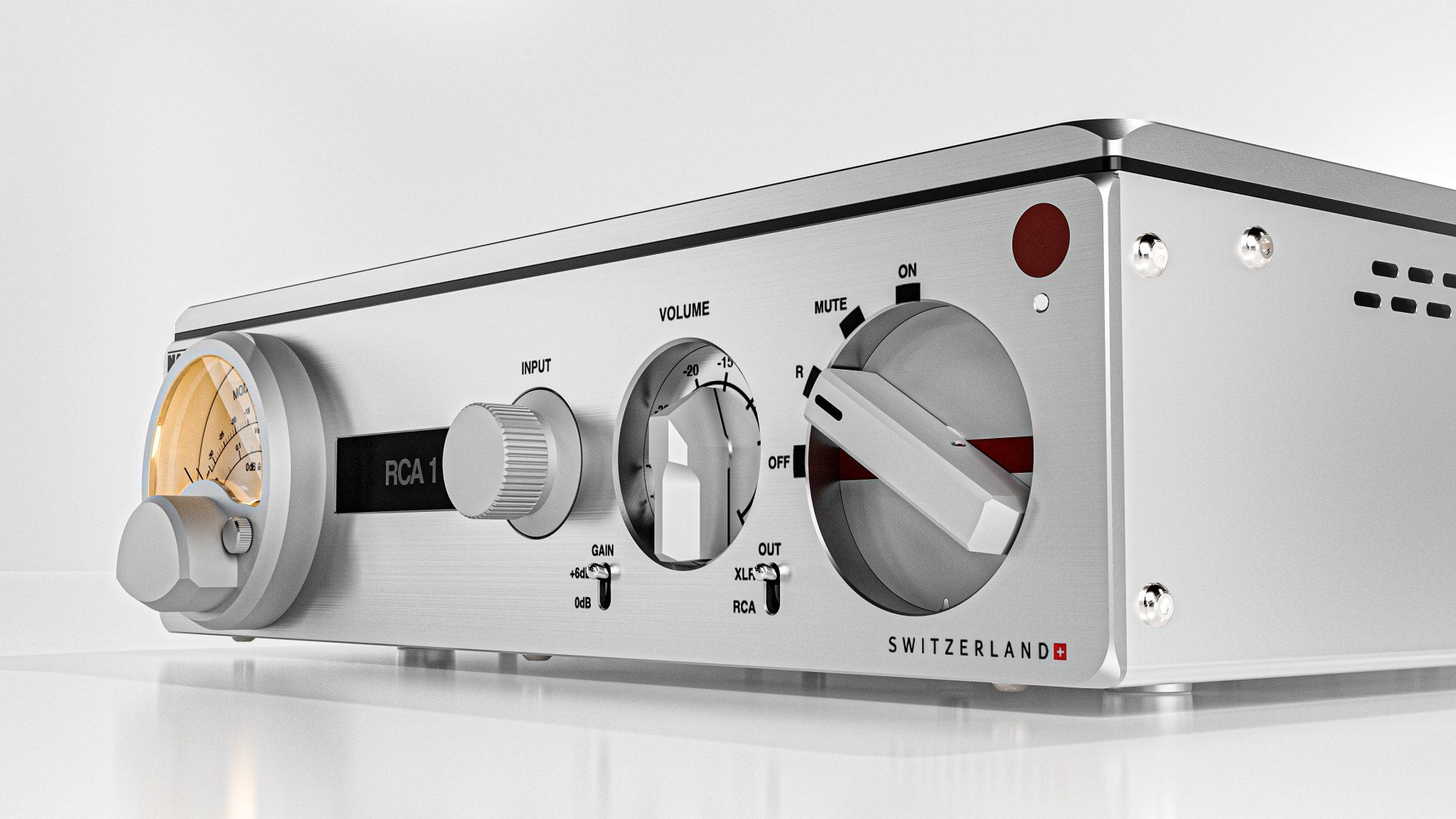 Front view of the Nagra Preamp II-S preamplifier with analog Modulometer and aluminum controls