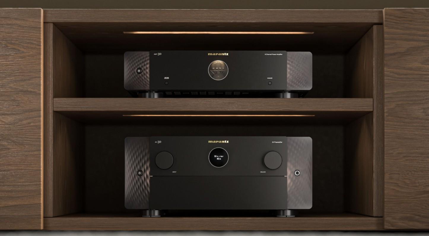 Marantz AV 30 preamp and AMP 30 power amplifier stacked on a wooden equipment shelf