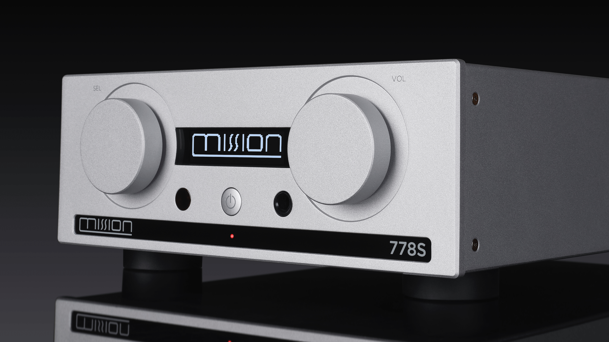 Mission 778S network music streamer with dual control knobs and OLED display in silver finish