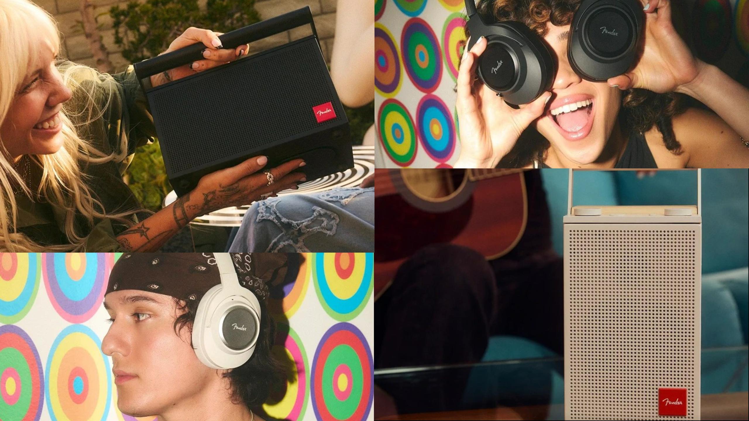 Fender ELIE portable speakers and MIX wireless headphones shown in lifestyle settings