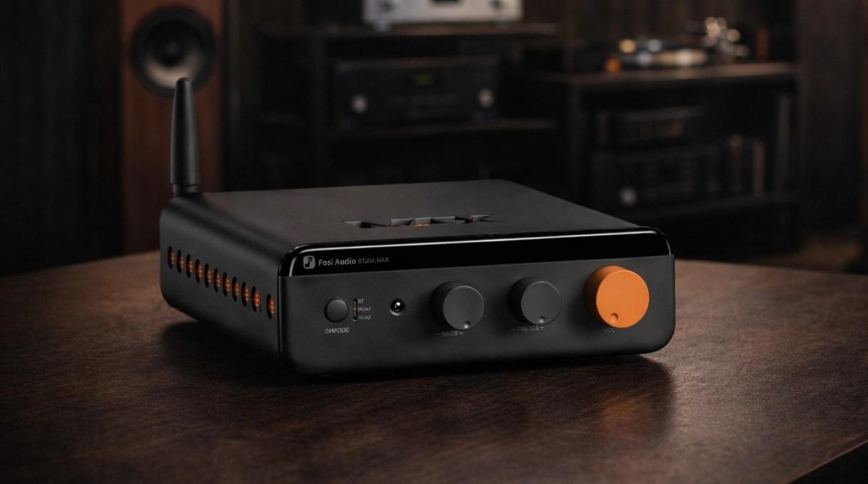 Fosi Audio BT20A MAX compact stereo amplifier with orange volume knob and side ventilation, shown on a wooden table in a home audio setup.