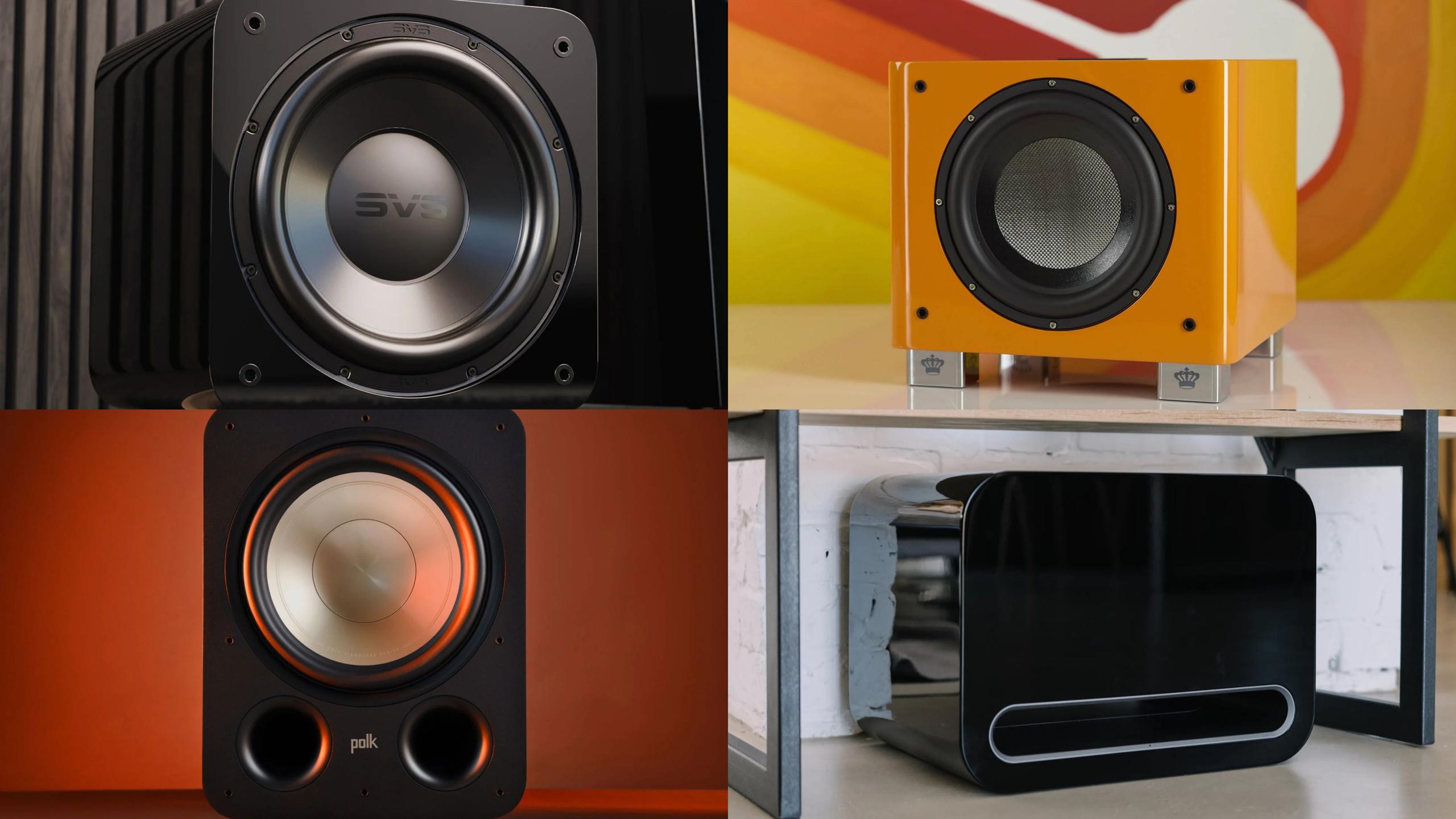Collage of four modern home theater subwoofers in different finishes.