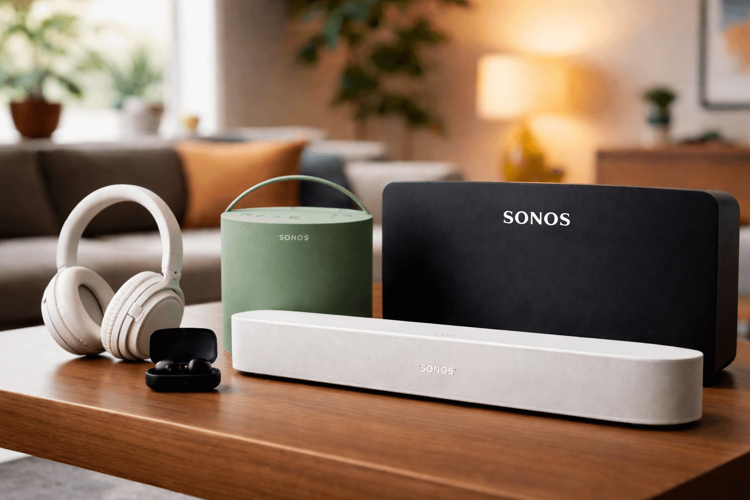 Sonos soundbar, headphones, earbuds, and speakers on a living room table.