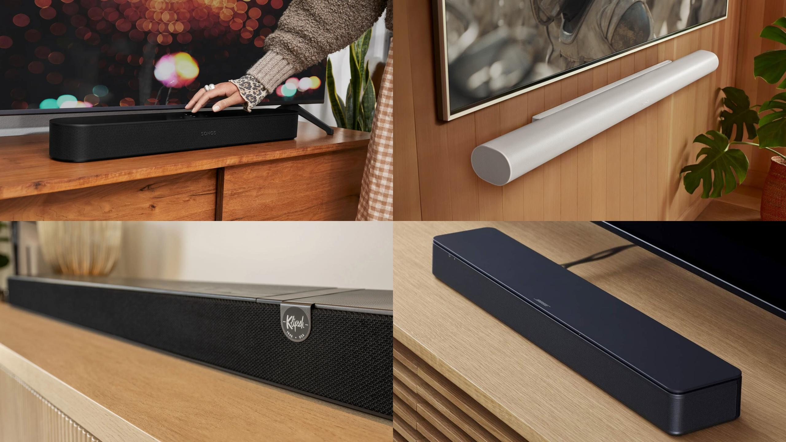 Four modern soundbars displayed on TV consoles in living room setups