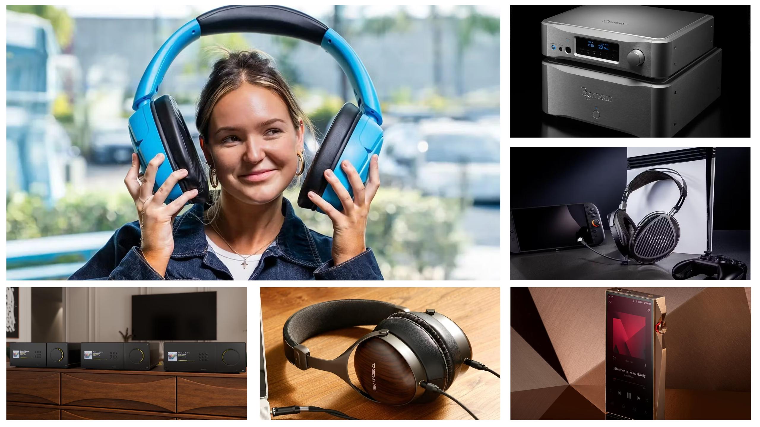 Collage of newly released audio gear including oversized wearable speakers, hi-fi separates, gaming headphones, bookshelf components, wooden headphones, and a copper digital audio player.