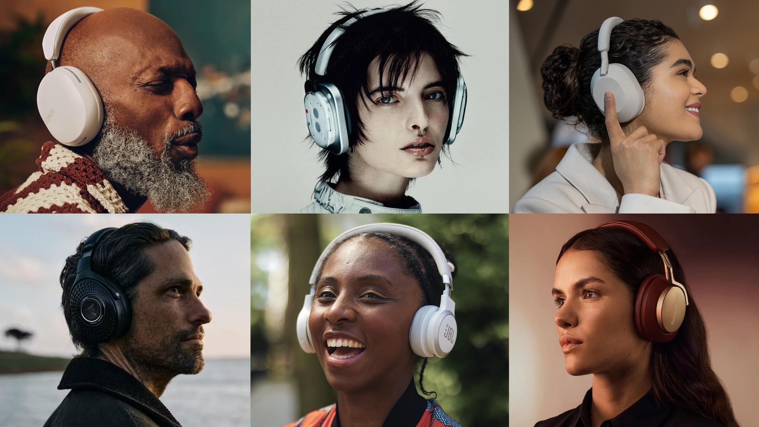 Collage of people wearing various over-ear headphones in different styles and settings.