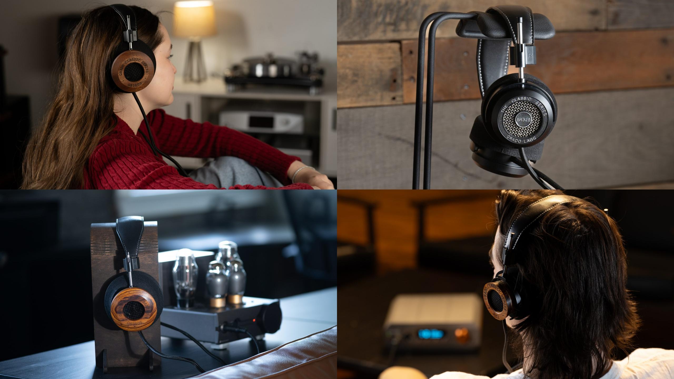 Grado Classic Series headphones in use and on stand with open-back design.