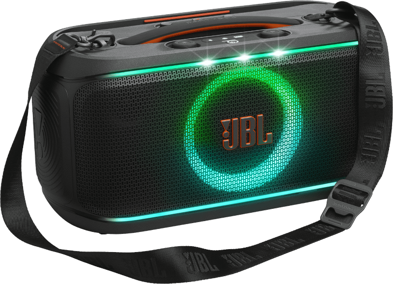 JBL PartyBox On-The-Go 2 Plus portable Bluetooth speaker with LED light ring and shoulder strap.