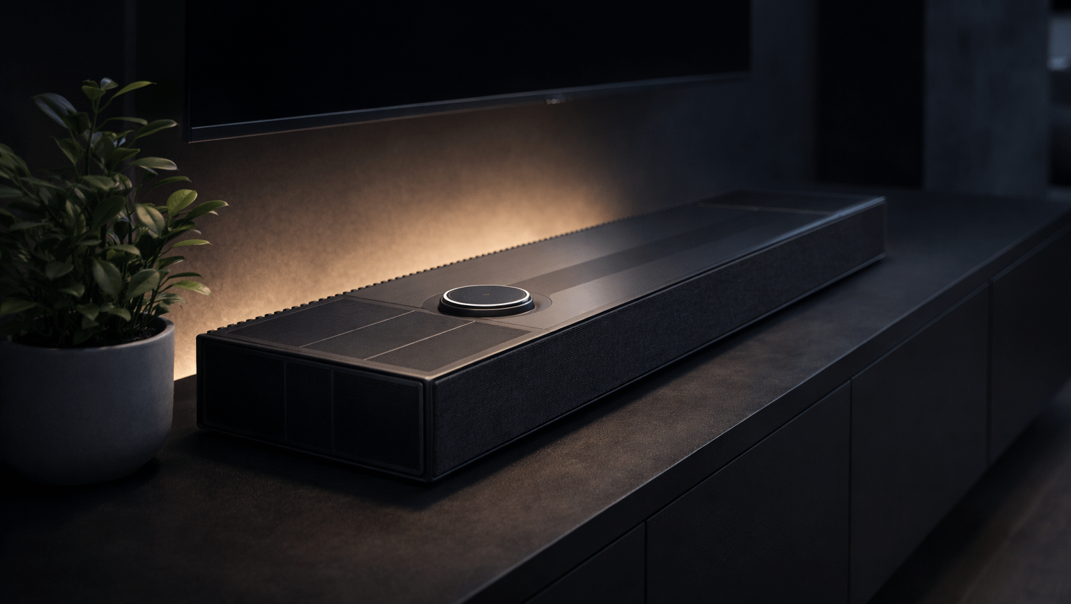 Focal Mu-so Hekla all-in-one speaker on a modern media console with ambient lighting.